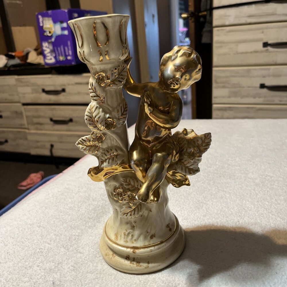 Rare 1967 Cherub Candle Holder Bronze Painted Bisque Pottery Statue Signed